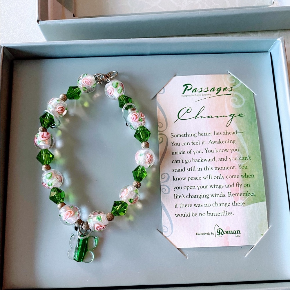 Passages Women's Green and White Beaded Bracelet with butterfly charm gift box